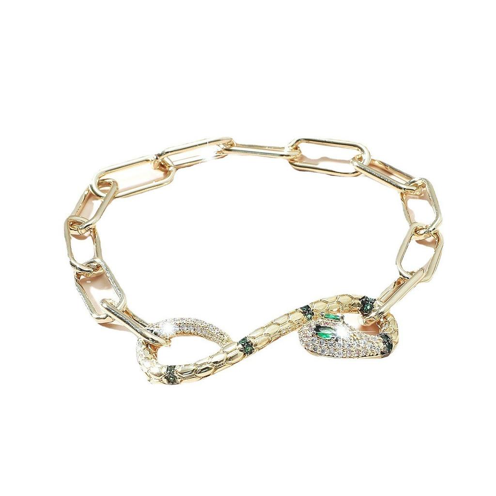 Wind 18 Karat vergoldet Mode personalisiertes Kettenarmband Damen, Retro Diamant-besetztes Smaragd Schlangenarmband