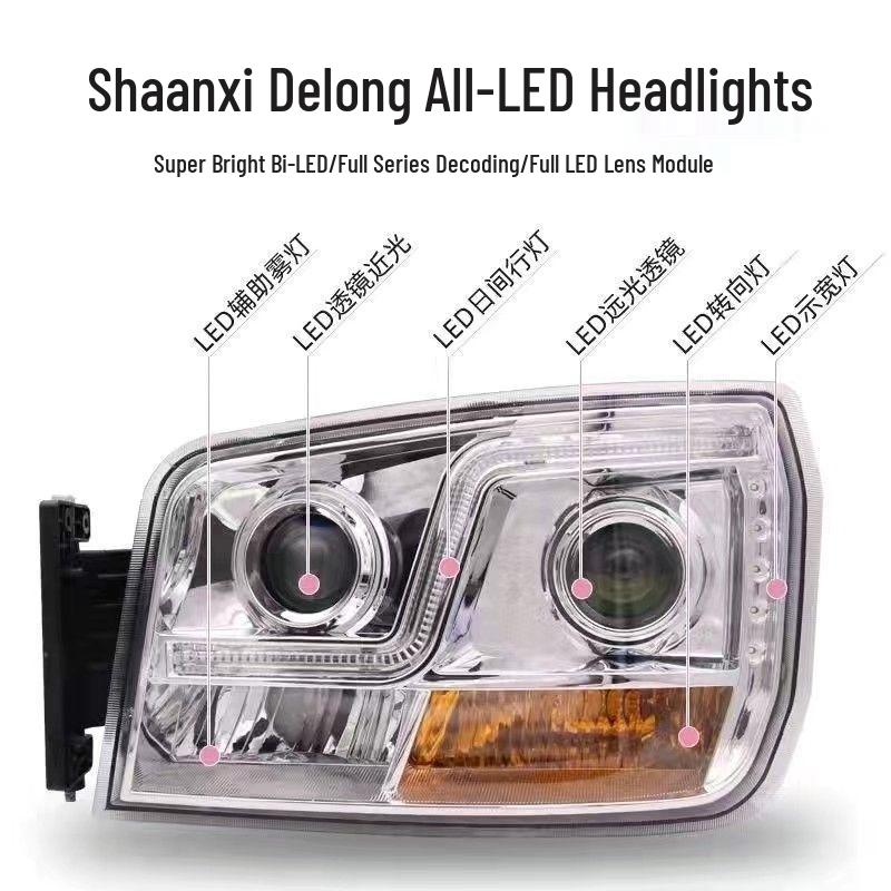 Compatible LED Headlight Assembly with Super Bright Lens for Shaanxi Delong H3000, L3000, M3000. Driver side double lens LED headlight (left)