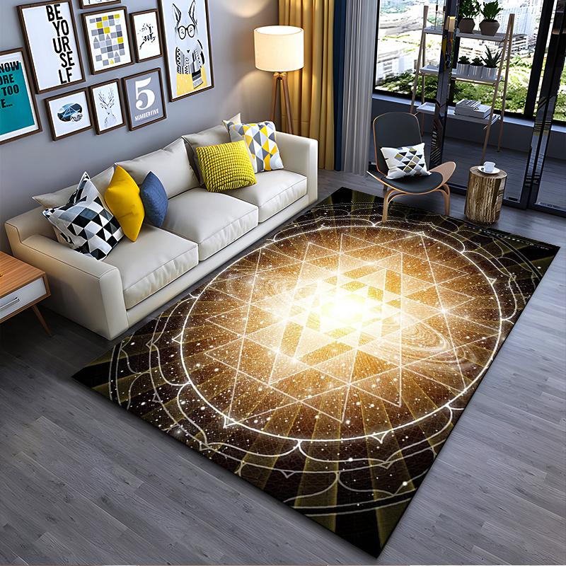 Area Rug, Sri Yantra Sacred Geometry Gold Glowing Light Cosmic Print, Meditation Room Decor, Non-Slip Mat