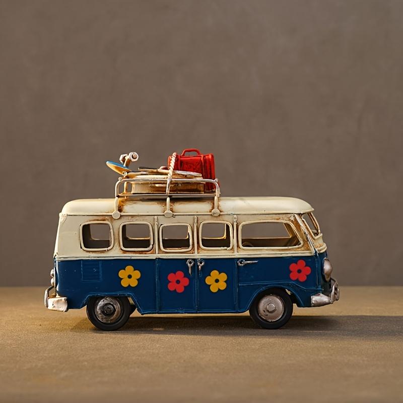 Vintage Iron Art Bus Model with Floral Design,American,European Style, Rustic Decorative Statue for Home, Living Room, or Office Display, Bus Decor