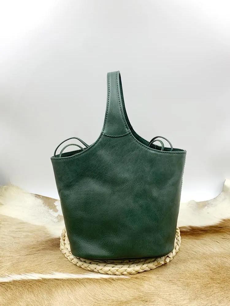 Johnature Genuine Leather Retro Bucket Bag Commuter Large Capacity Soft Cowhide Solid Color Women's Shoulder Bag