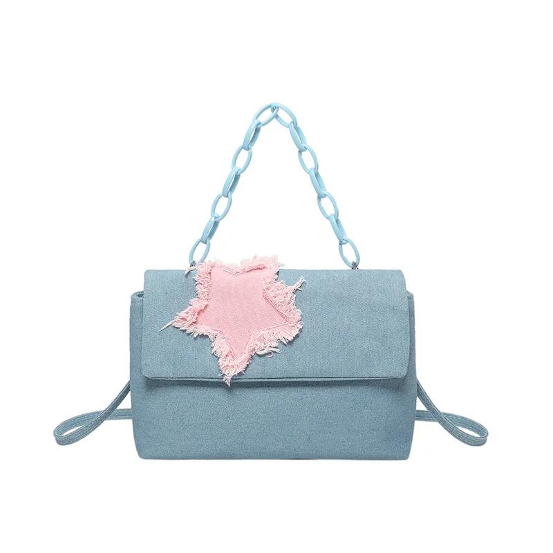 

Контрастная джинсовая сумка для женщин, сумка-мессенджер, универсальная сумка-тоут, большая вместимость, модный дизайн, новый