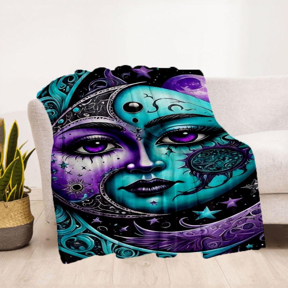"Starry Night Moon Face Art Print - Celestial Wall Decor"Blanket Flannel Throw Blanket for Sofa, Bed, Travel, Camping, Office
