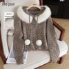 Women's Hooded Wool Blend Sweater with Large Fur Collar