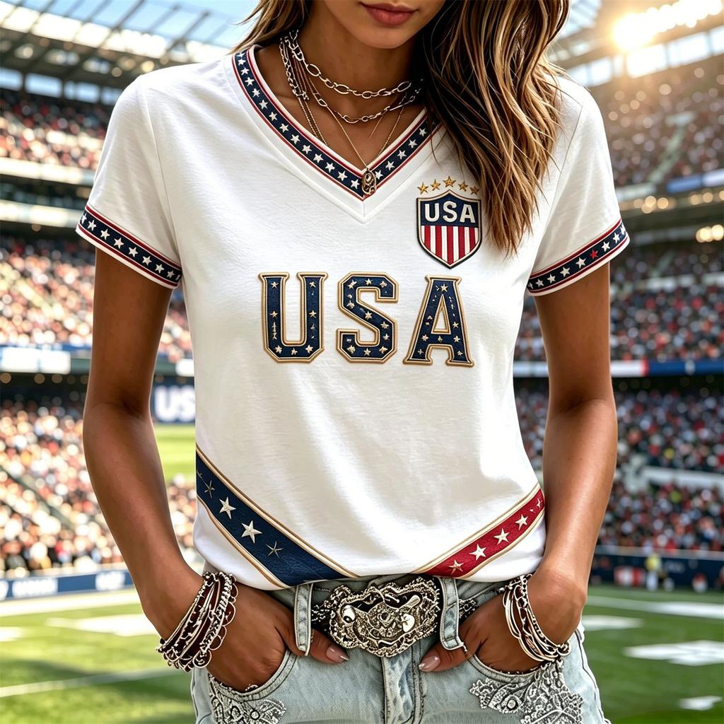 Women's Casual Short Sleeve V Neck Pullover Top Soccer Print Graphic Tee Lightweight Comfortable Fit