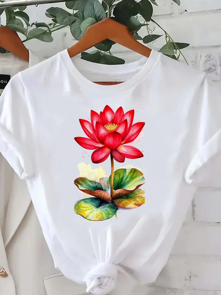 (Asian Size) Tee lovely flower watercolor cute Lady Female Clothing T Shirt Printed Women Casual Fashion Top Graphic Short Sleeve T-shirts