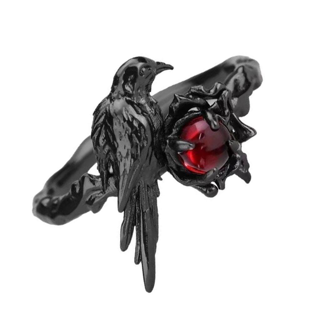 Gothic Metal Ring with Intricate Crow Design and Red Gemstone