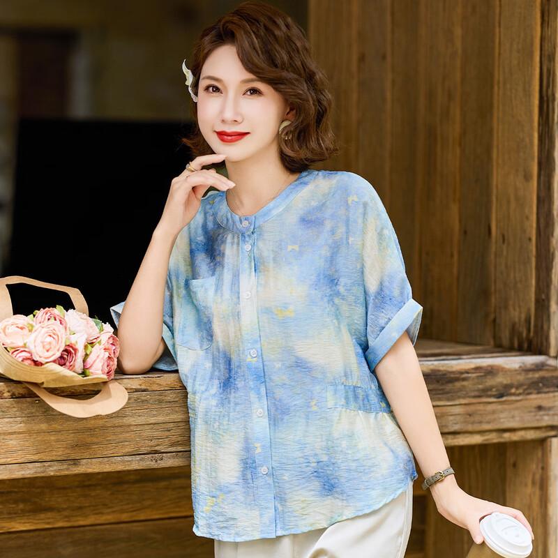 

Women s Summer Floral Print Round Neck Blouse 2XL
