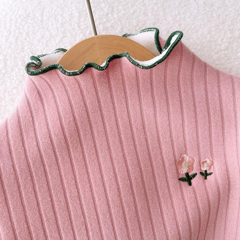Топ с утолщенным воротником и высоким воротником в западном стиле с цветочной вышивкой для девочек
