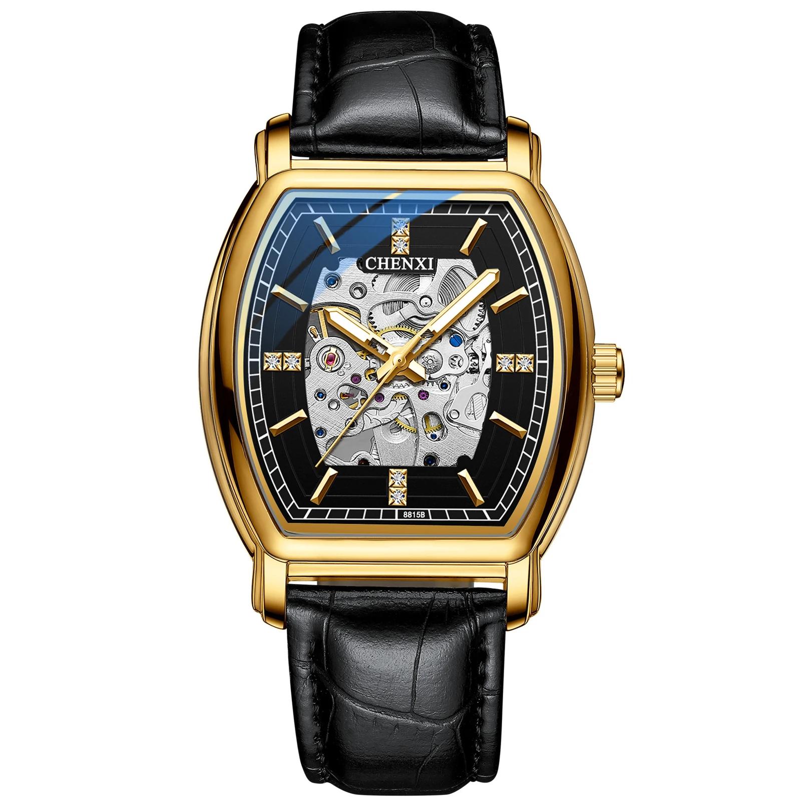 

Модные полые часы для мужчин, роскошные деловые часы, мужские водонепроницаемые механические наручные часы Relogio Masculino leather чёрный/золотой