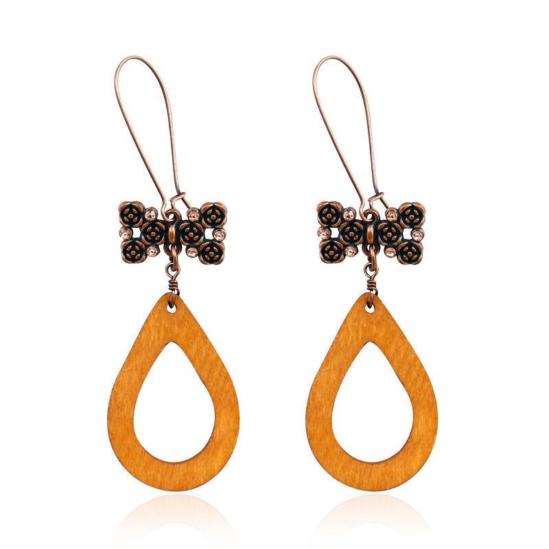 European Retro Wooden Water Drop Earrings with Bow Clips and Turquoise Accents