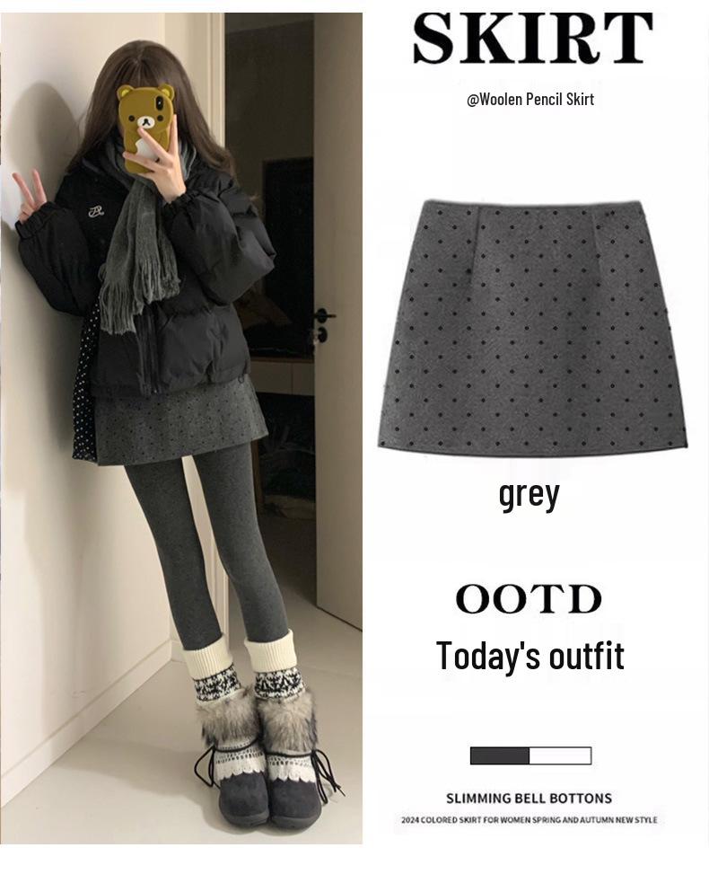 Gray Plaid Wool A-Line Polka Dot Short Skirt for Women - Winter Warm Hip-Hugging Design