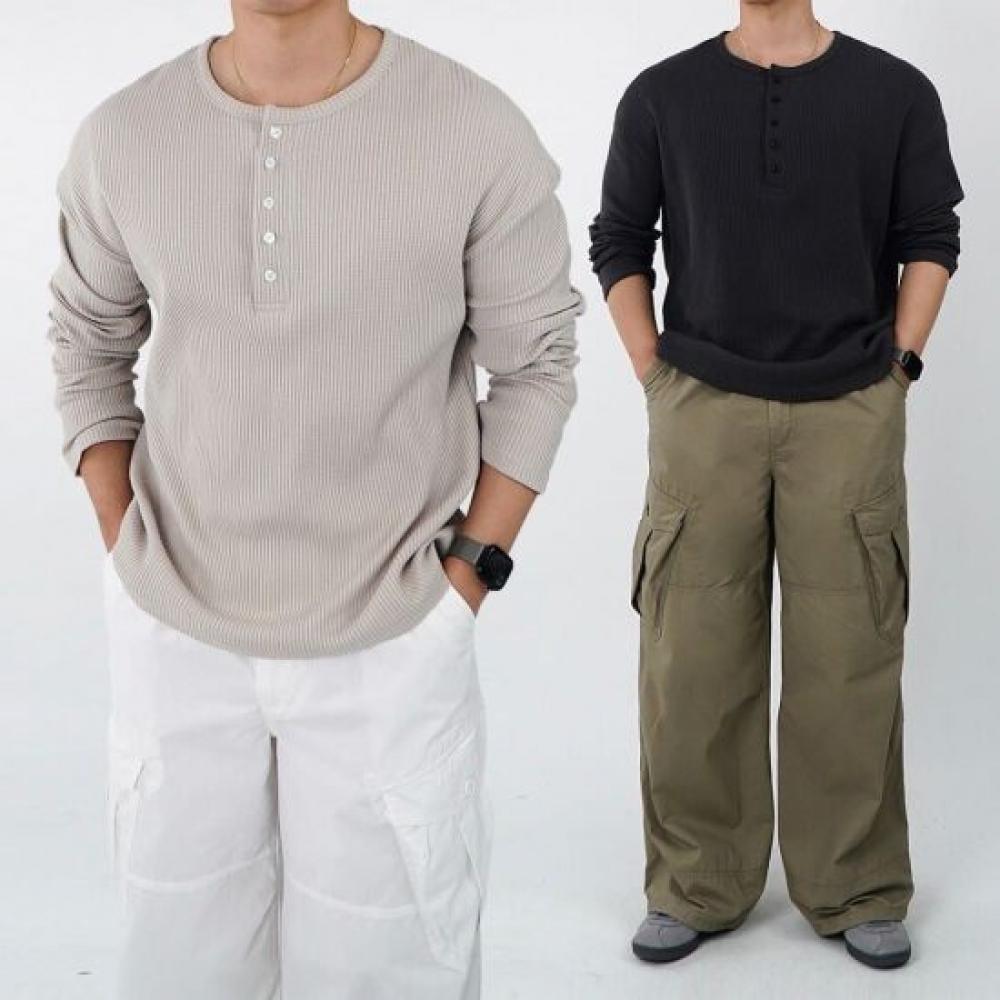 Onl Men Waffle Henley Neck Long Sleeve T shirT