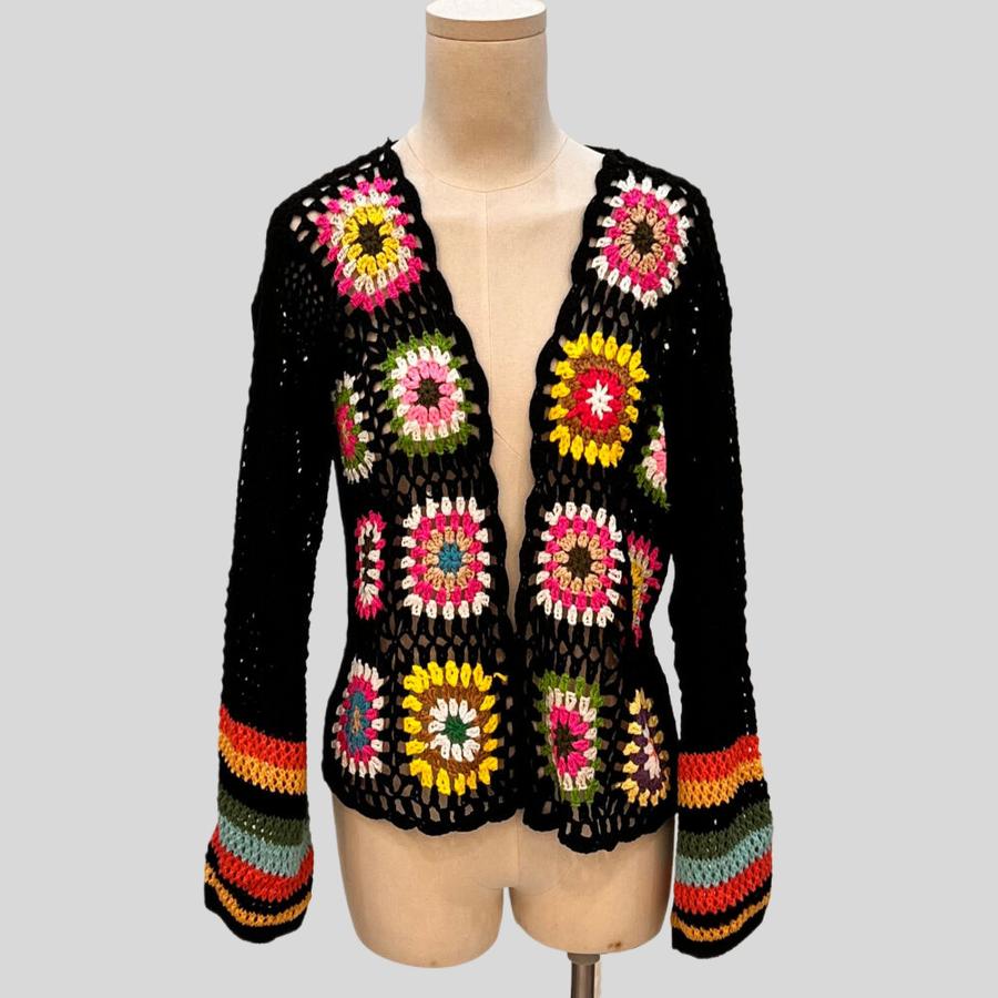 Vintage Rainbow Color Block Crochet Shawl Cardigan Loose Knit Top