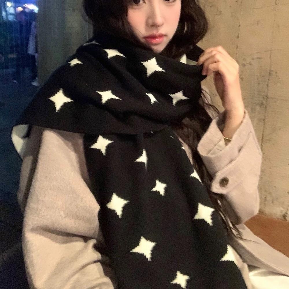 Korean Style Women Winter Scarf Double Side Cashmere Knitted Shawl Star Pattern Neckerchief  Daily