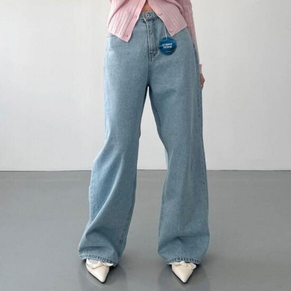 Open Run Women Light Blue Denim Wide Pants Non Stretch