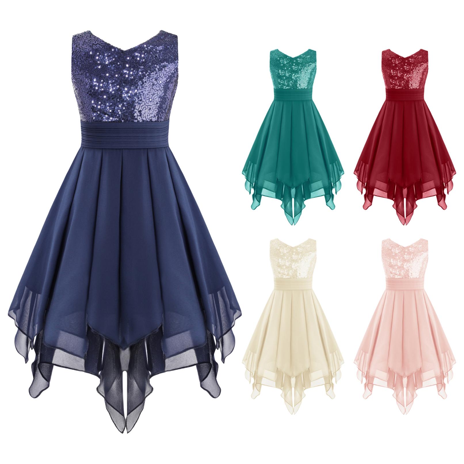 

Дитяча вечірня сукня з блискучими паєтками без рукавів і V-образною спинкою з рюшами та асиметричним подолом. Весільна сукня для дівчинки на день народження. 7-8 Years темно-синього кольору