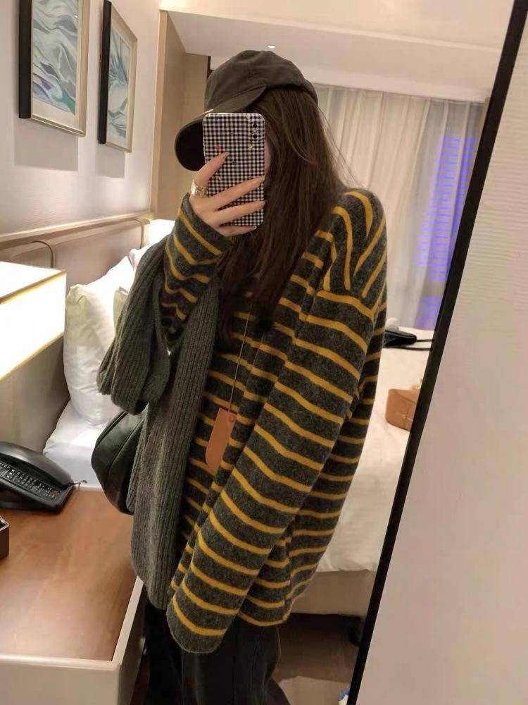 European Style 100% Pure Wool Striped Cashmere Sweater for Women - Autumn/Winter Collection