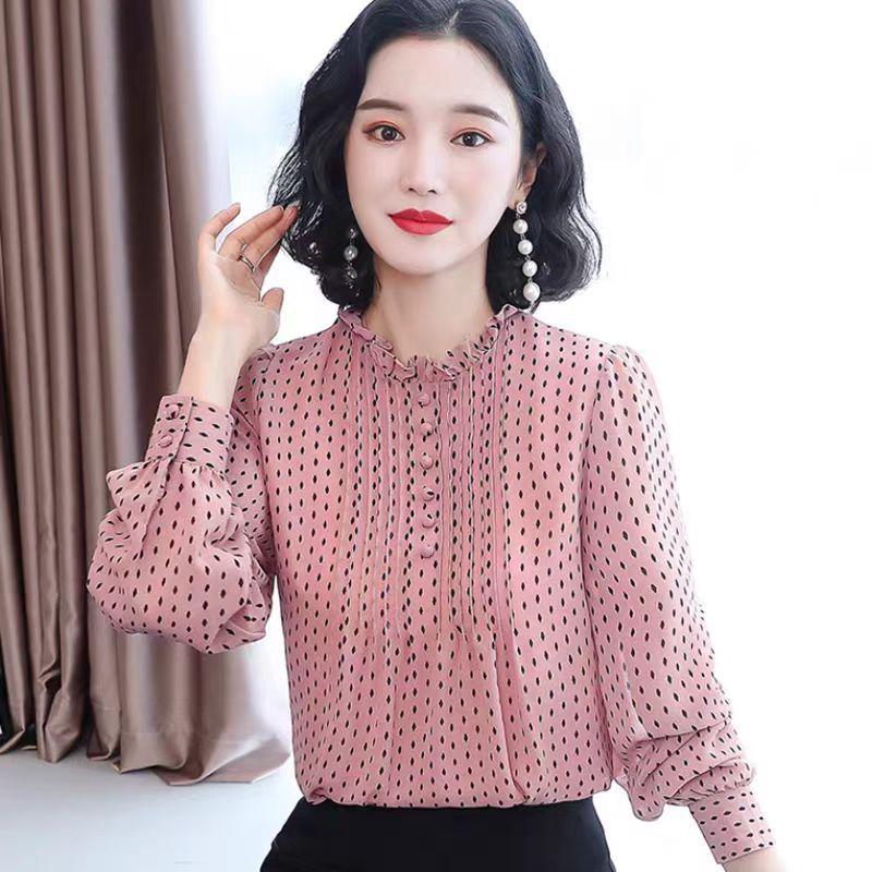 2026 Spring/Summer Korean Style Ruffle Dot Chiffon Long Sleeve Top Medium