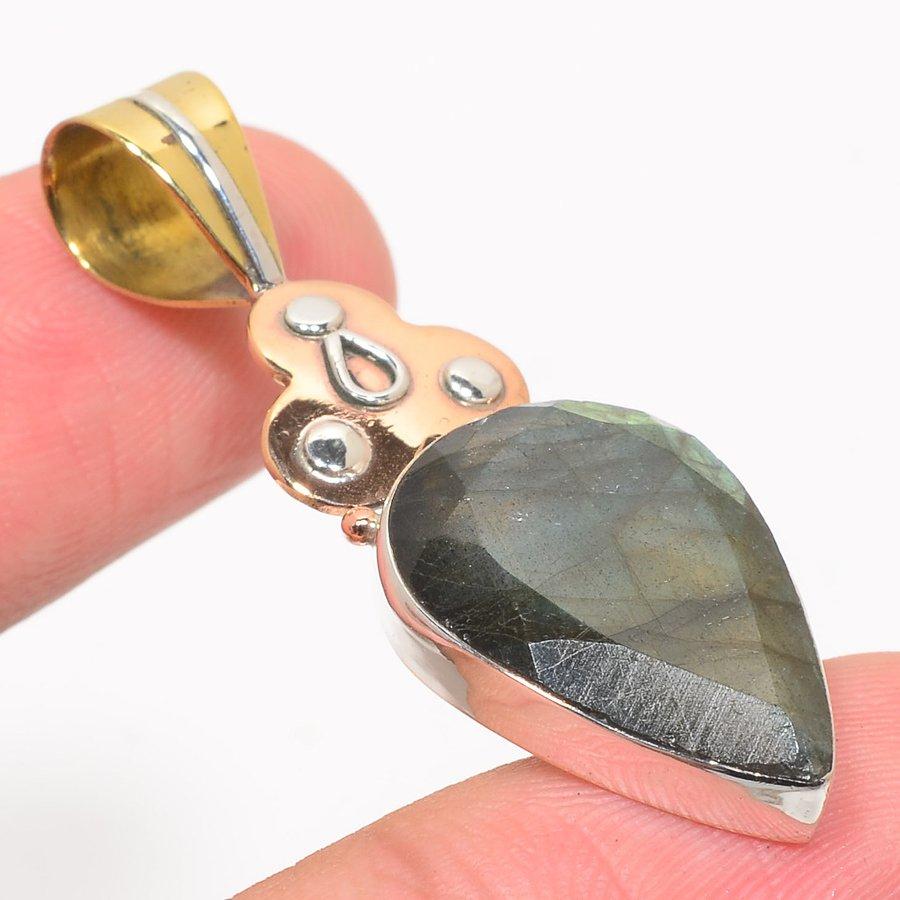 Natural Labradorite Gemstone Two Tone 925 Solid Sterling Silver Pendant 2'' T9t72
