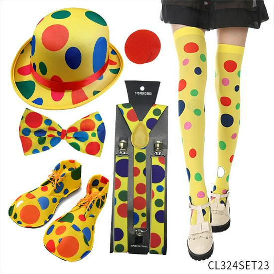 Colorful Clown Polka Dot Costume Set with Nose, Hat, Wig, Bow Tie, and Magic Props.