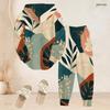 Women Plus Size Two Piece Set Abstract Leaf Printed Hooded Long Sleeve Top Cuffed Pants