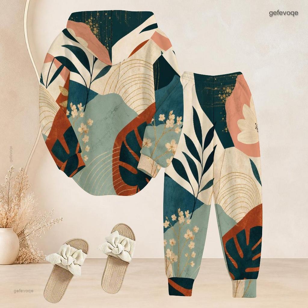 Women Plus Size Two Piece Set Abstract Leaf Printed Hooded Long Sleeve Top Cuffed Pants
