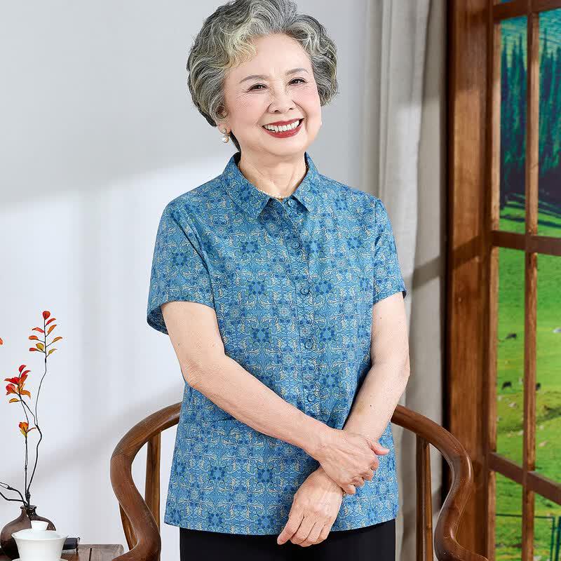 Elderly Women s Floral Cotton Short-Sleeve Shirt 3XL