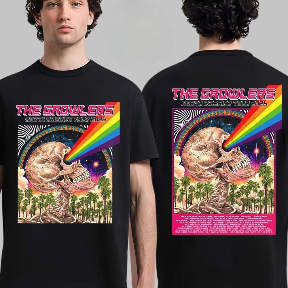 The Growlers Rainbow Skull Print Tee Palm Tree Sunset Psychedelic Rock Streetwear Casual Unisex With Tour Dates
