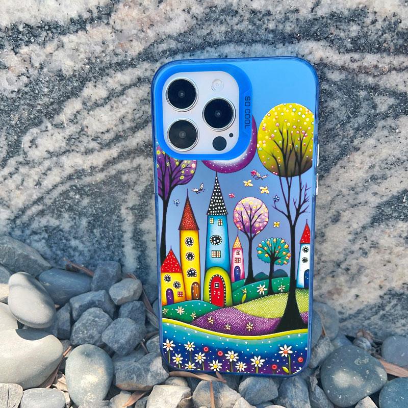 Colorful Forest Town Phone Case for Iphone 16 13 12 Pro Max 13 Mini 11 15 14 Pro Max Plus Fashion Laser Shockproof Back Cover