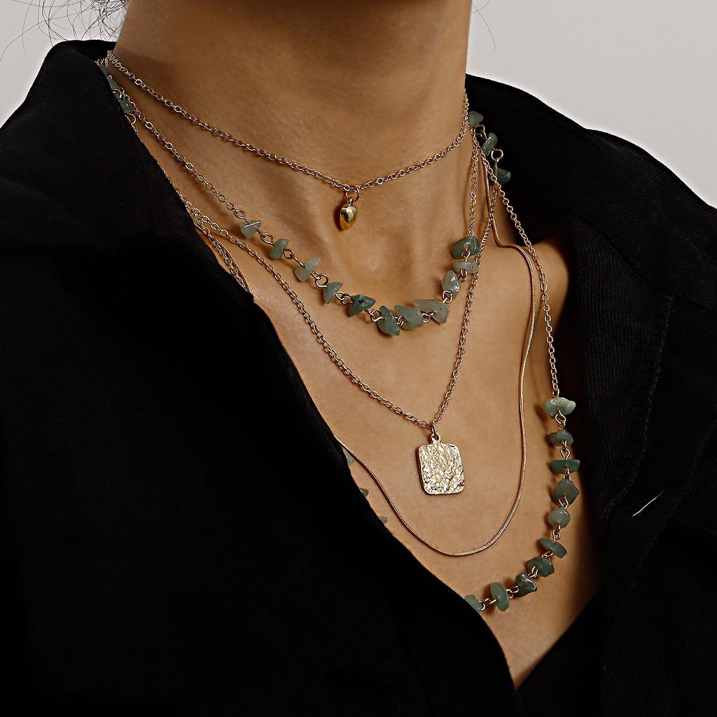 Retro Stacked Multi-layer Small Hole Chain Turquoise Square Mini Love Pendant Necklace Women