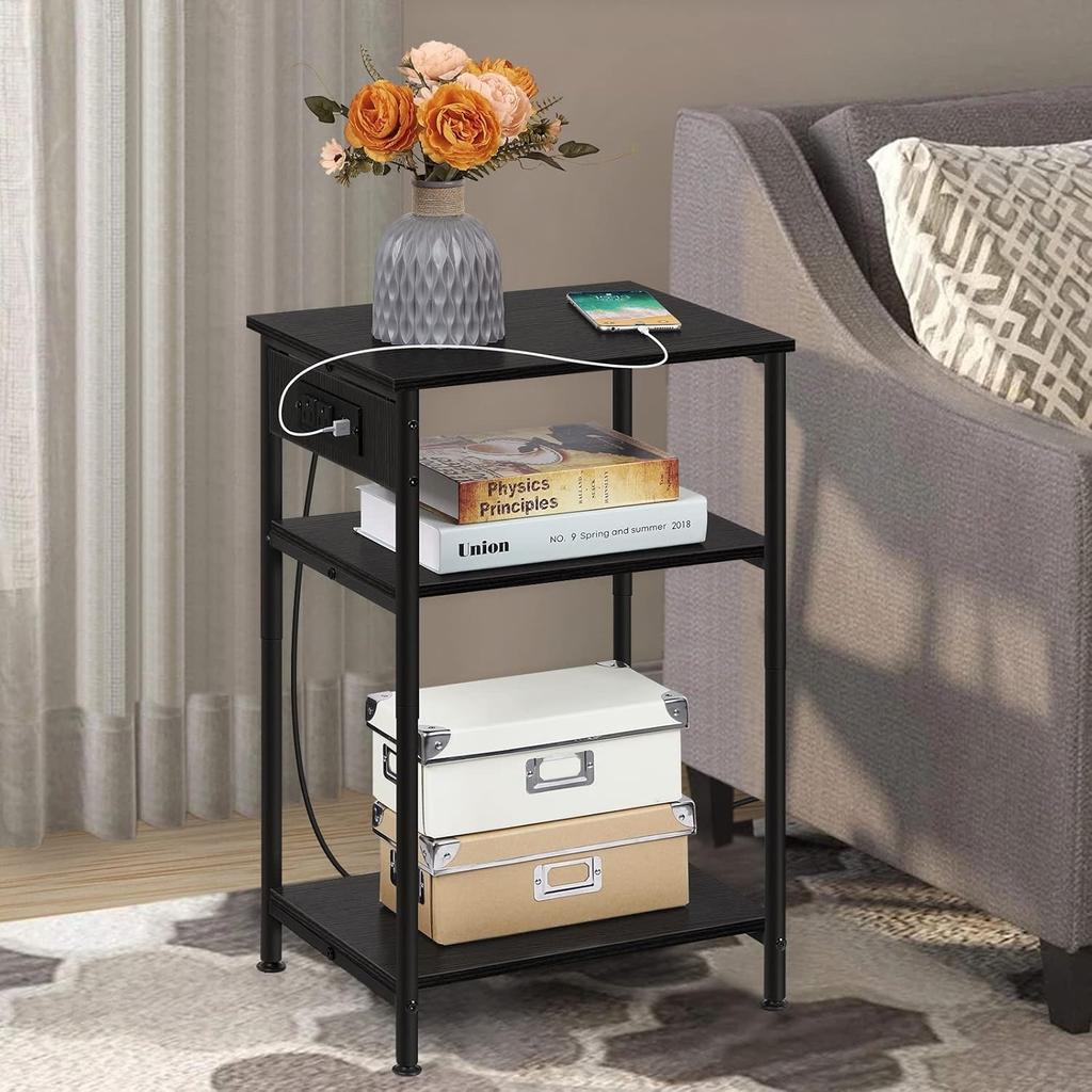 Nightstand with USB Charging Station, 3 Tier Narrow End Side Table with Storage Shelf for Living Room Bedroom Balcony, Black