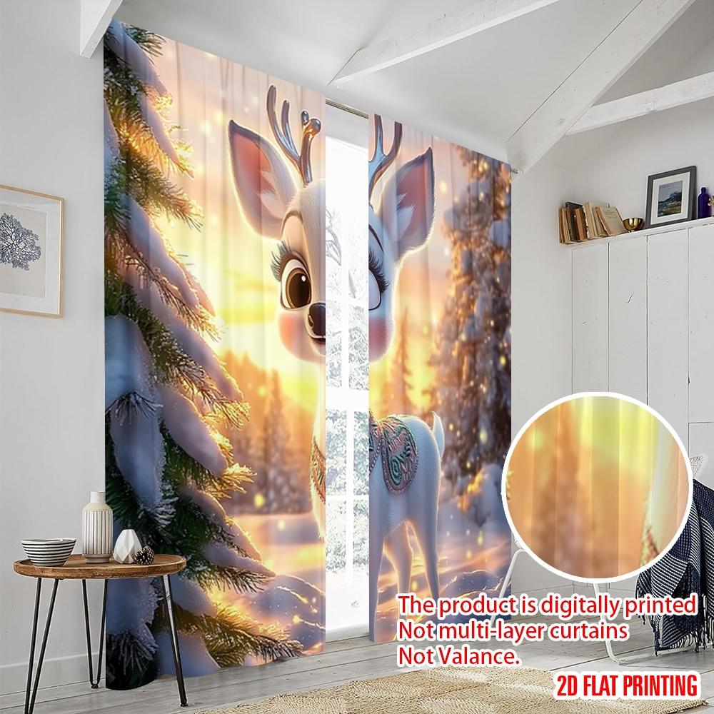2pcs,2D Plane Printing Curtains Digital Printed Cute Christmas Reindeer Snow Scene Polyester Woven (without Rod) Festive Ldeal