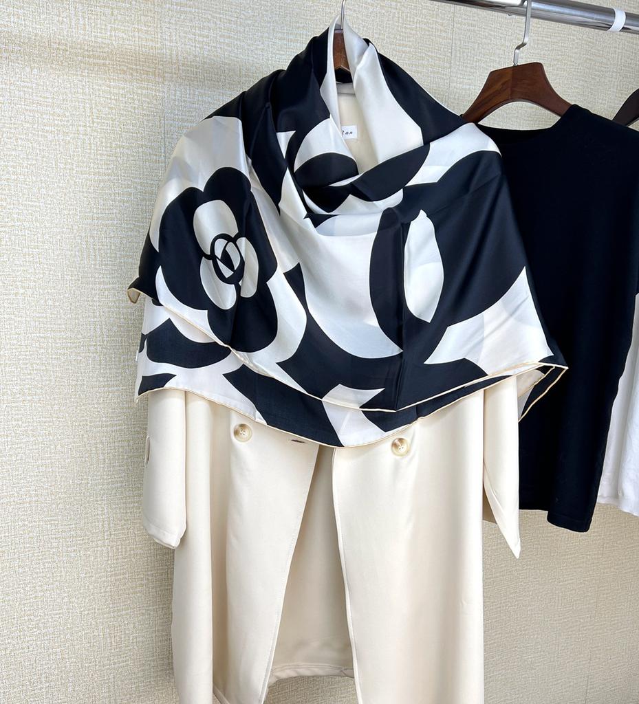 Black And White Camellia Silk Scarf Mulberry Silk Silk Satin Scarf Small Fragrant Style Large Square Scarf Sun Protection Shawl Women