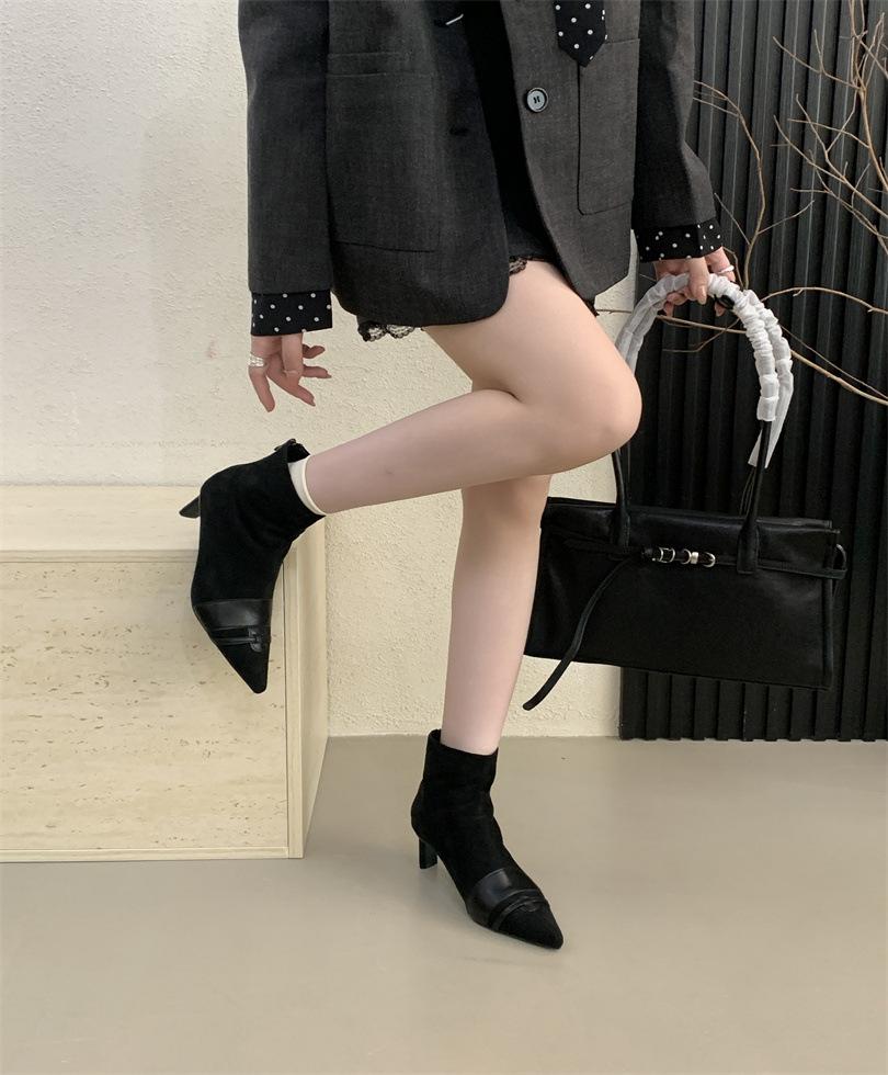 Korean Version 2025 Autumn and Winter New Single Boots Pointed Suede Kitten and Elastic Short Women's Boots Zipper Thin Boots