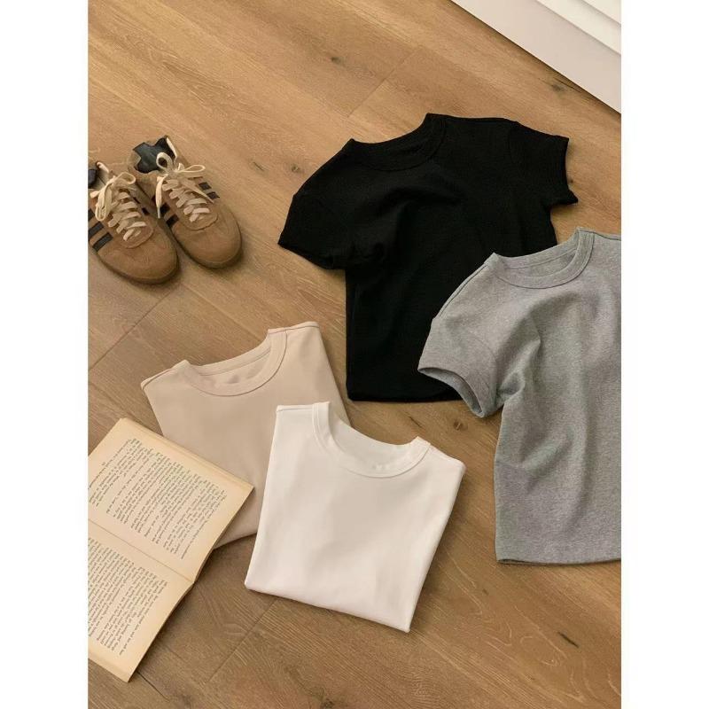 Slim Round Neck Solid Color Clean Short-sleeved T-shirt