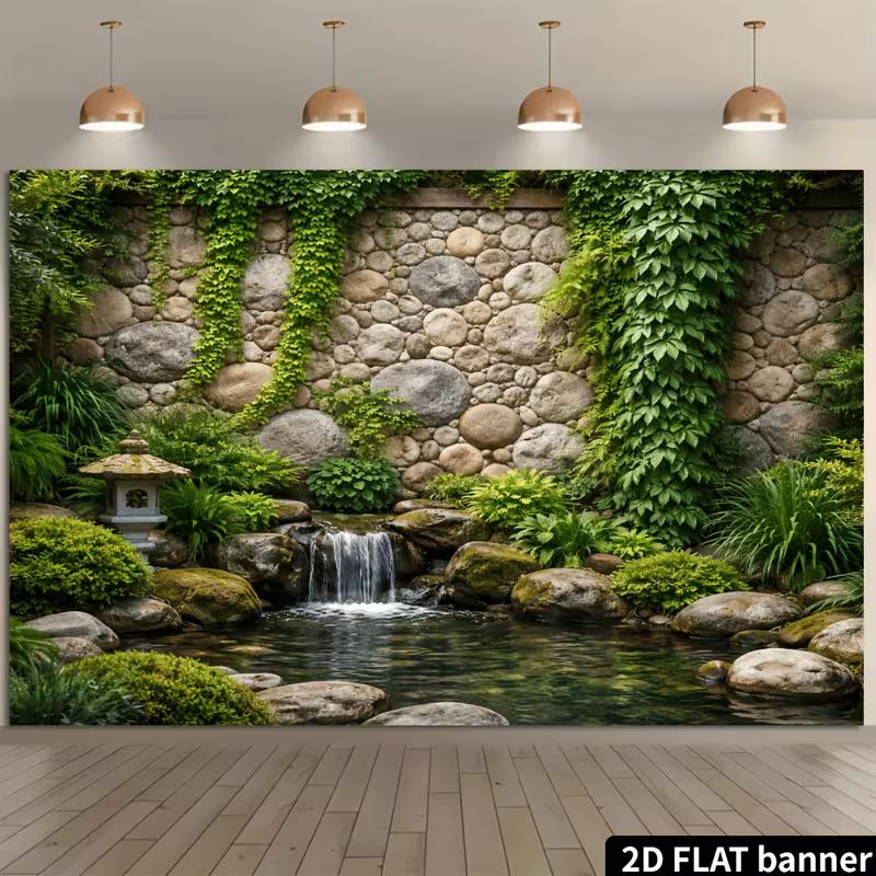 2D Serene Japanese Zen Garden Waterfall Photography Background