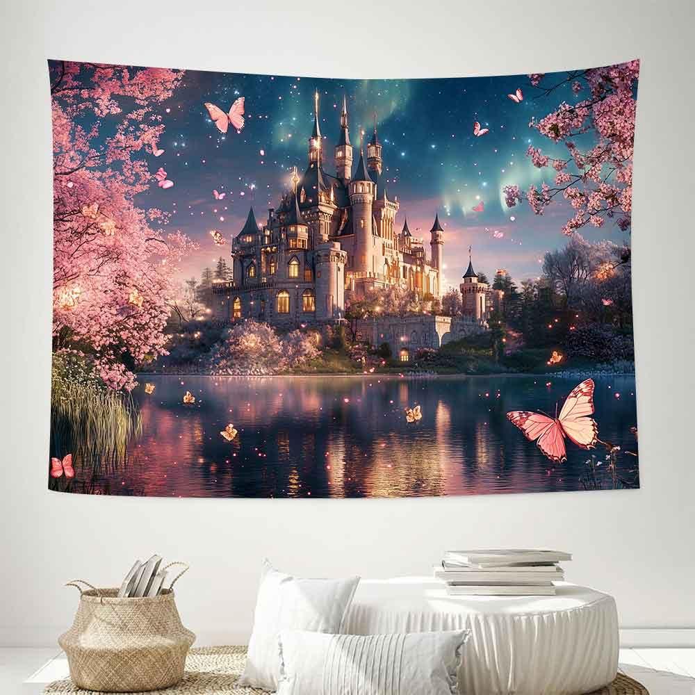 

VIKAMA Dream Castle Tapestry Pink Cherry Blossom Wall Hanging for Childrens Bedrooms Living Rooms and Dormitories 74x94cm(29x37in)