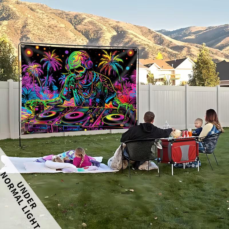 Glow in The Dark Skull DJ Tapestry, Blacklight Party Wall Art with Neon Palm Trees for Bedroom & Club
