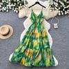 Vacation Style V-neck Neck Suspender Dress Women's Summer Sleeveless Sexy Waist Thin Printed Dress