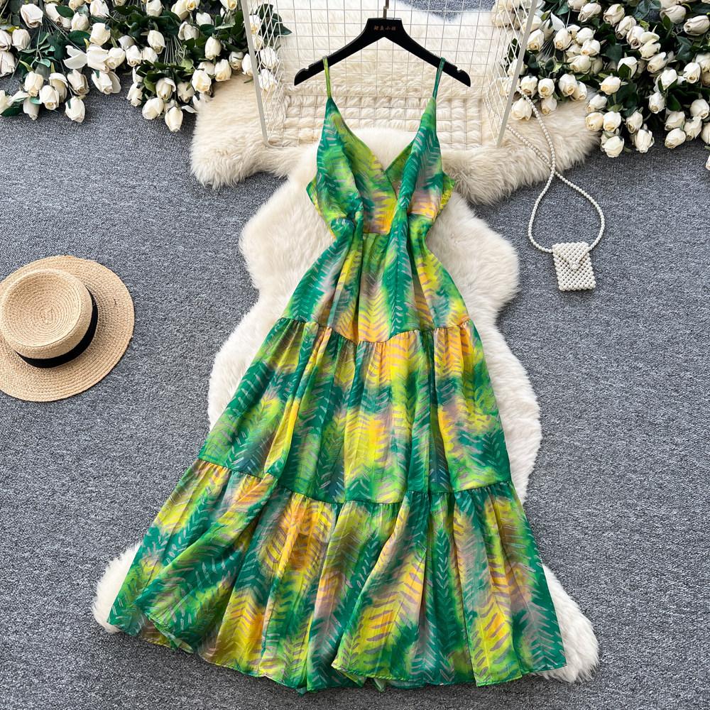 Vacation Style V-neck Neck Suspender Dress Women's Summer Sleeveless Sexy Waist Thin Printed Dress