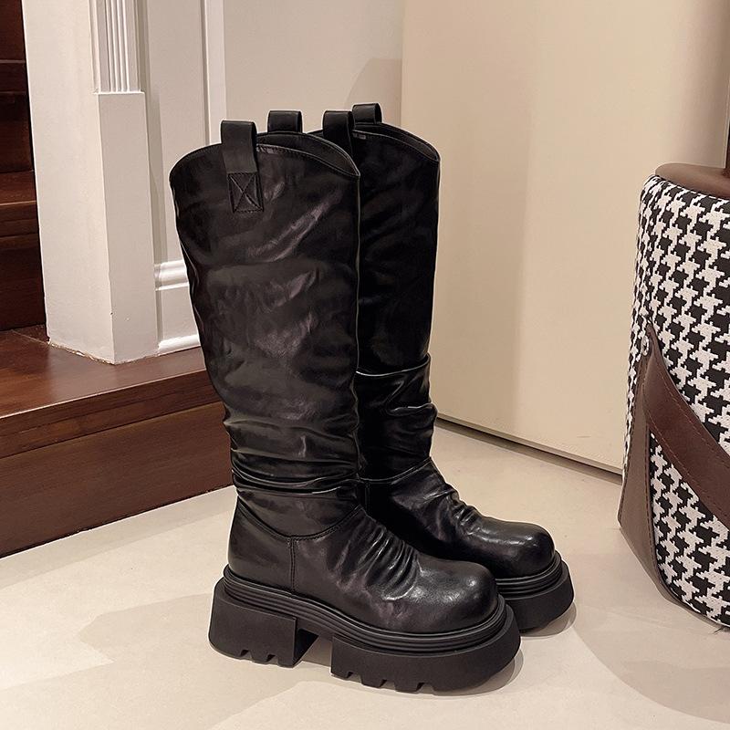V-mouth pleated stacked high boots women's 2025 autumn and winter new British style but knee fashion and comfortable knight boots INS