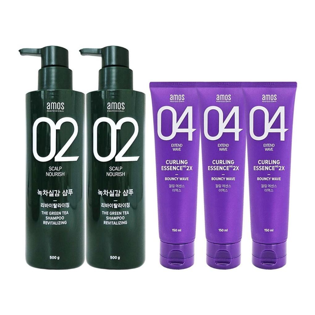 Amos Amos Green Tea Real Shampoo 500g X 2 + Curling Essence 2X 150 X 3