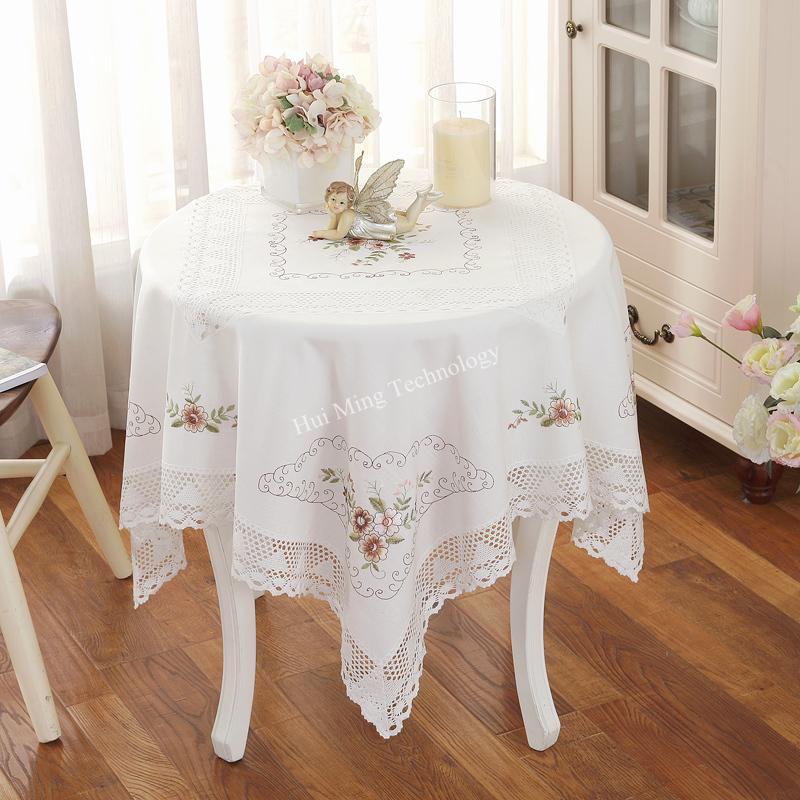 Nappe Coton Blanc Fil Europe Brodé Jupe de Table Couverture Table à Manger Dentelle Fleurie Pastoral Couverture Serviette Table Basse