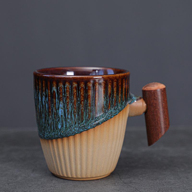 Coarse pottery coffee cup medieval cup wooden handle mug niche kiln change Japanese retro ceramic water cup afternoon tea cup