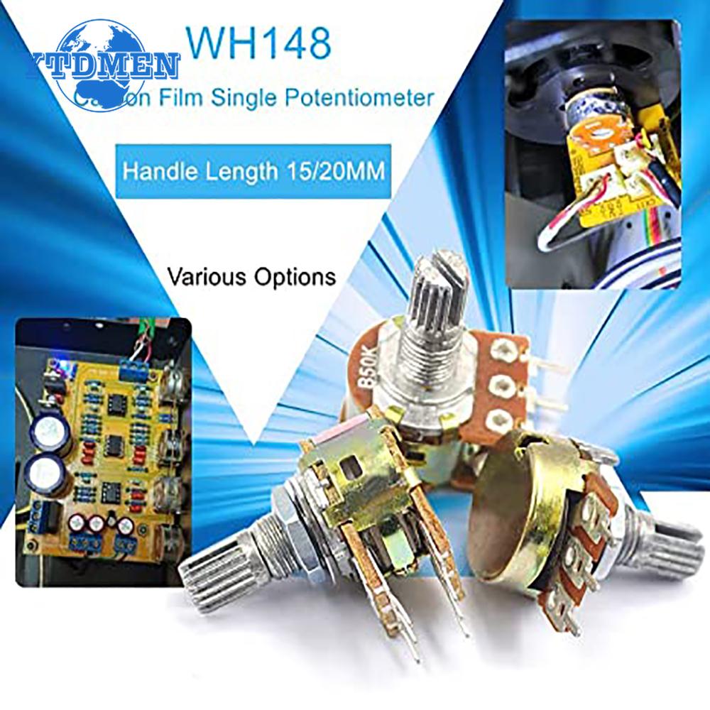 5PCS WH148 6Pin Rotary Potentiometer B1K B2K B5K B10K B20K B50K B100K B500K 20MM Shaft Amplifier Dual Stereo Potentiometers Kit