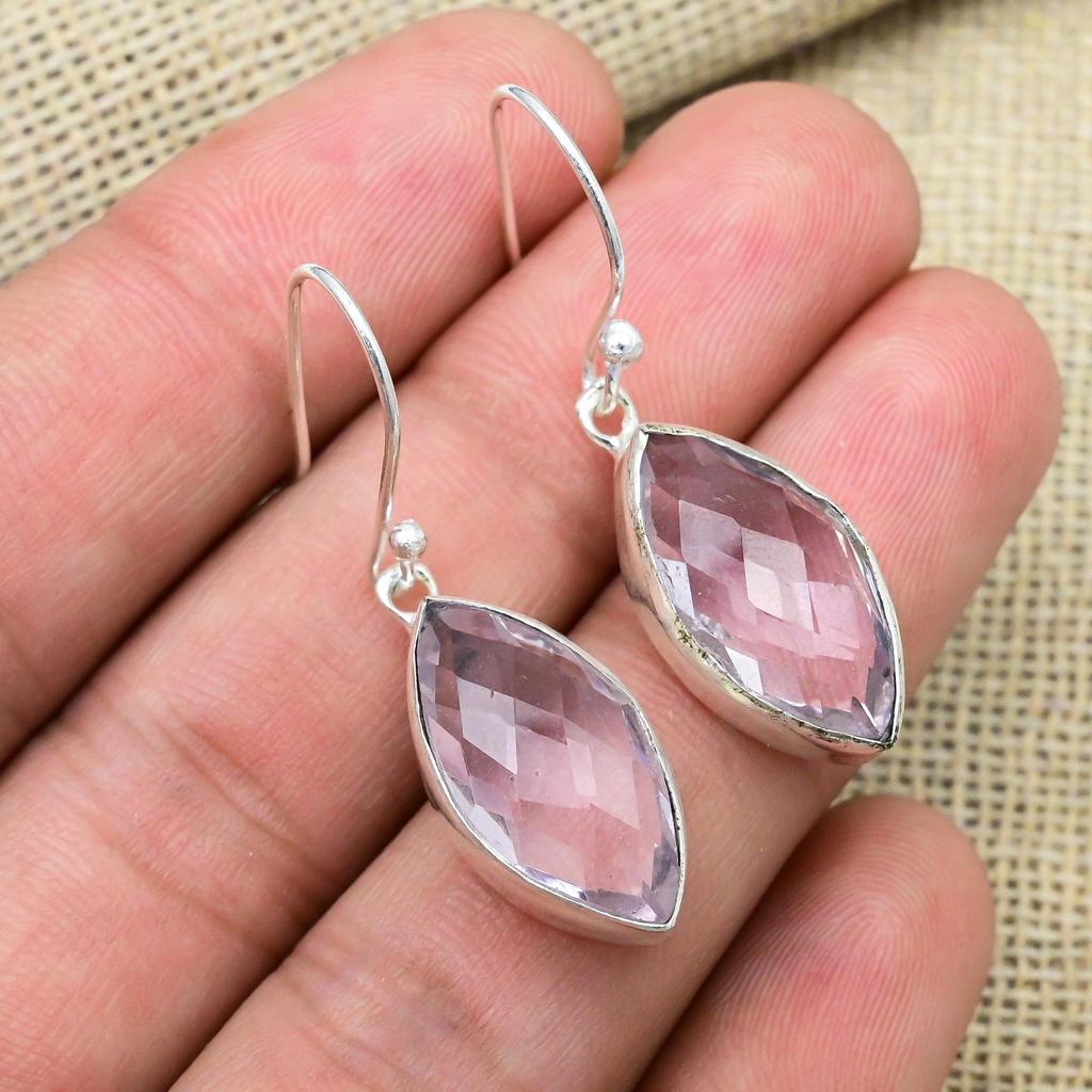 Rosa Kunzitt Edelstein Håndlaget 925 Sterlingsølv Smykker Øredobber Gave Til Kvinner