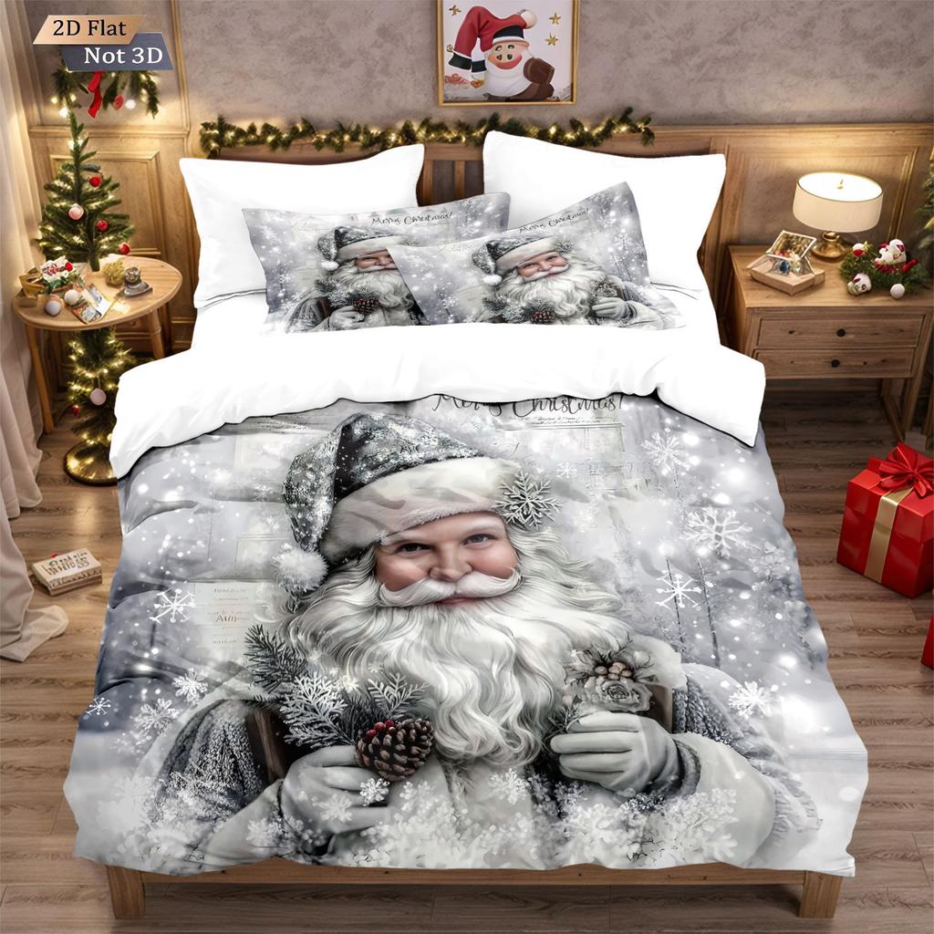 Three-piece Christmas Bedding Set, Brushed Duvet Cover and Pillowcase Set with Santa Claus Digital Print