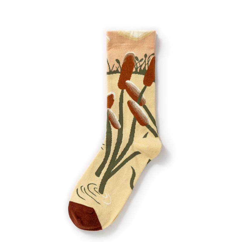 French Retro Abstract Oil Painting Mid-Calf Socks - Trendy Autumn/Winter High-Top Creative Combed Cotton for Women