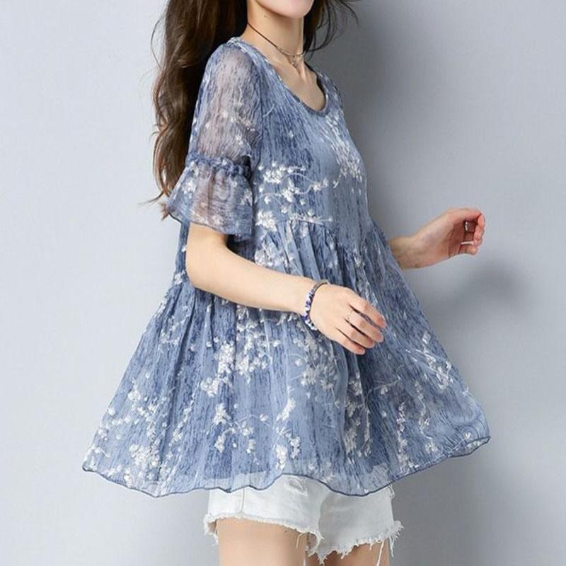 Lässiges Elegantes Lockeres Chiffon-Shirt mit ausgestellten Ärmeln Sommer Neu Damenbekleidung Mode Druck O-Ausschnitt Pullover Blusen 6XL